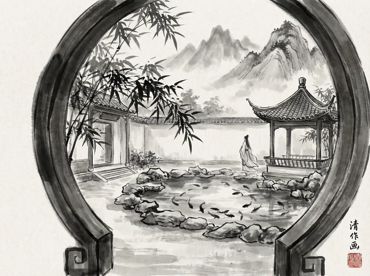 澳门太阳城水墨风格中式园林酒店庭院全景