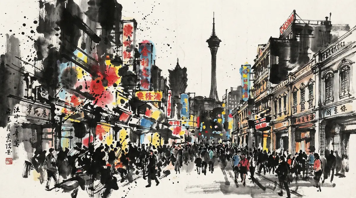 澳门太阳城澳门娱乐城繁华夜景水墨画