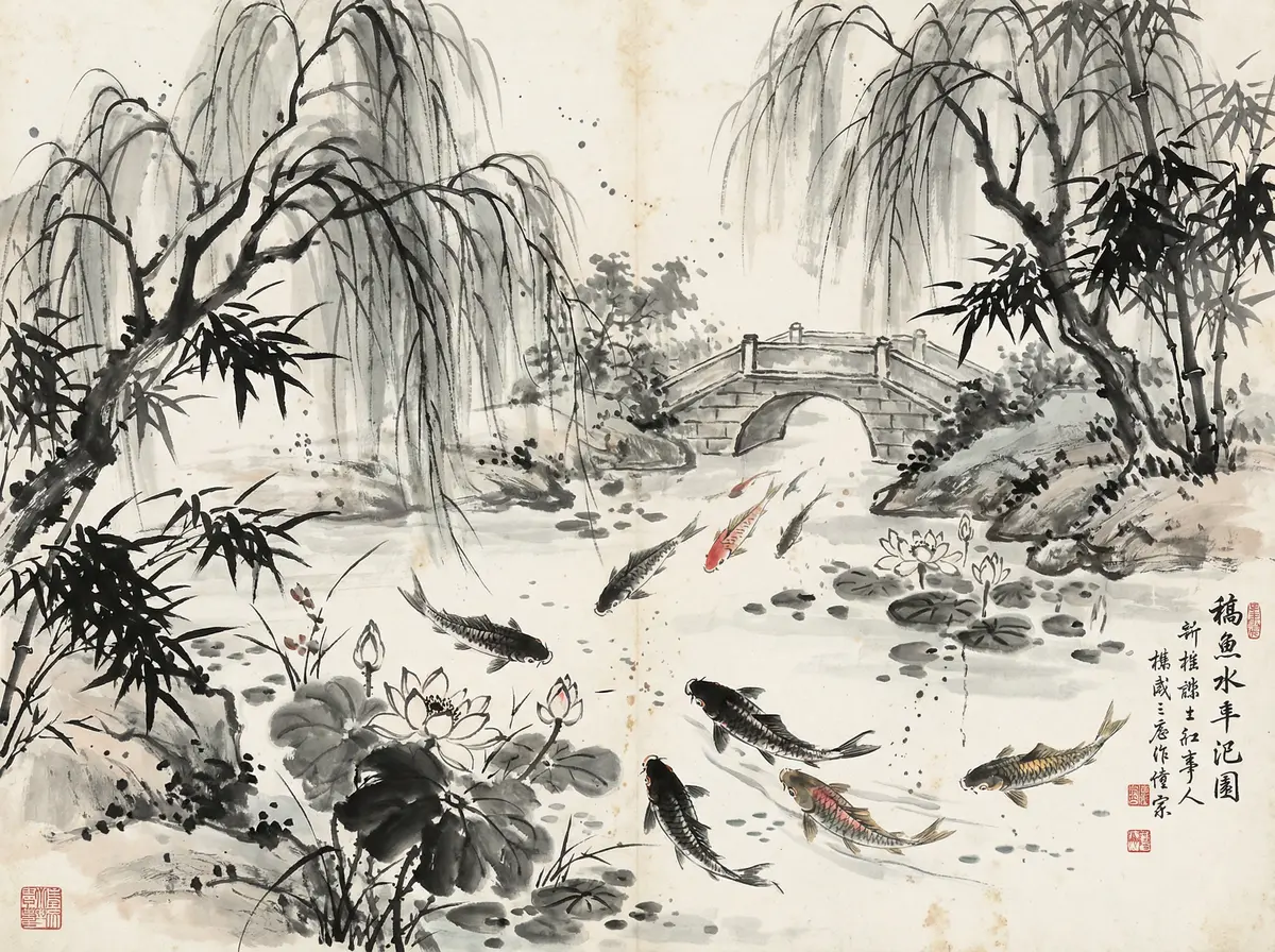 澳门太阳城金沙国际锦鲤池水墨画展示东方园林元素