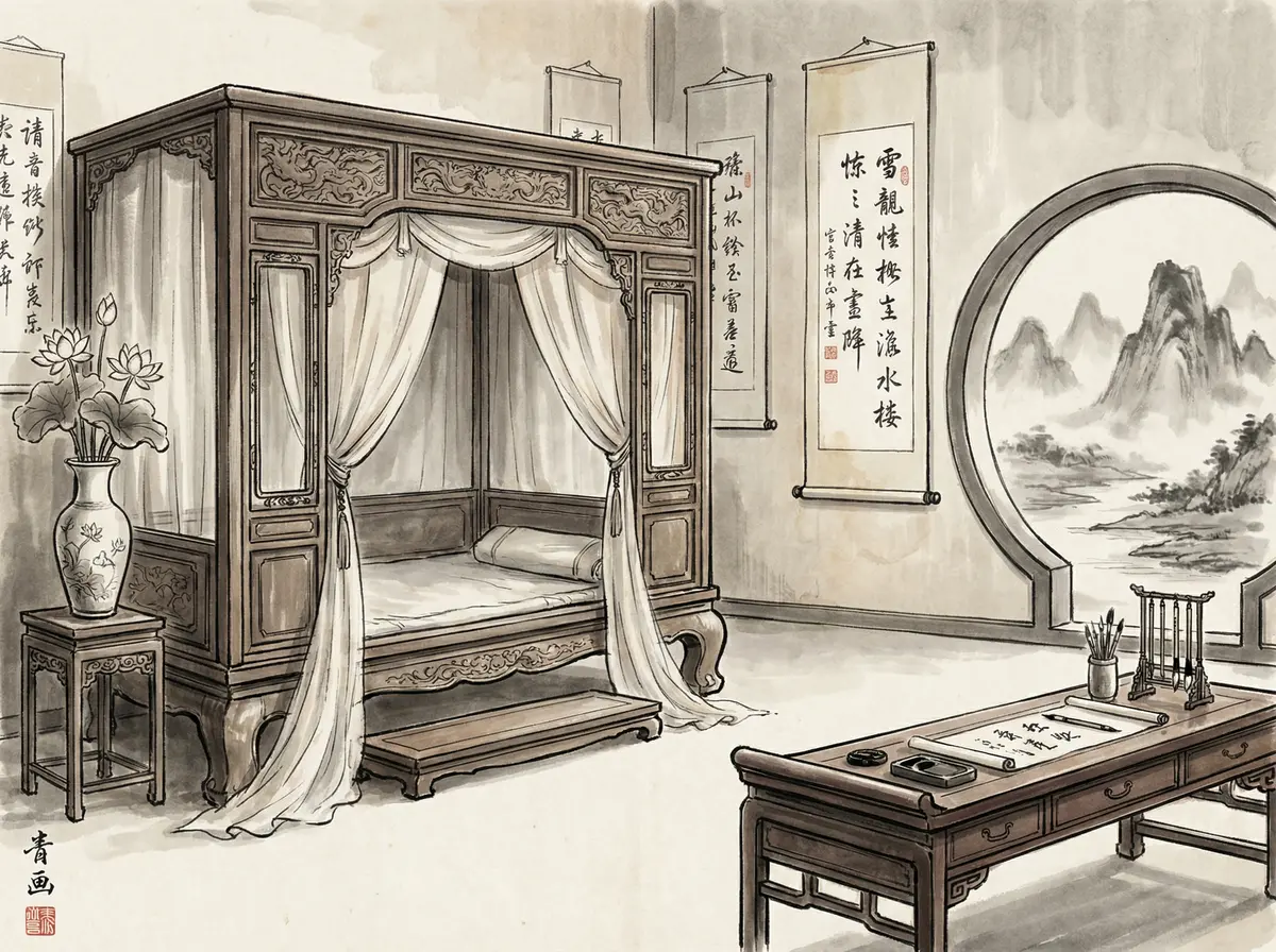 澳门太阳城水墨主题豪华客房内景展示红木家具与书法挂轴