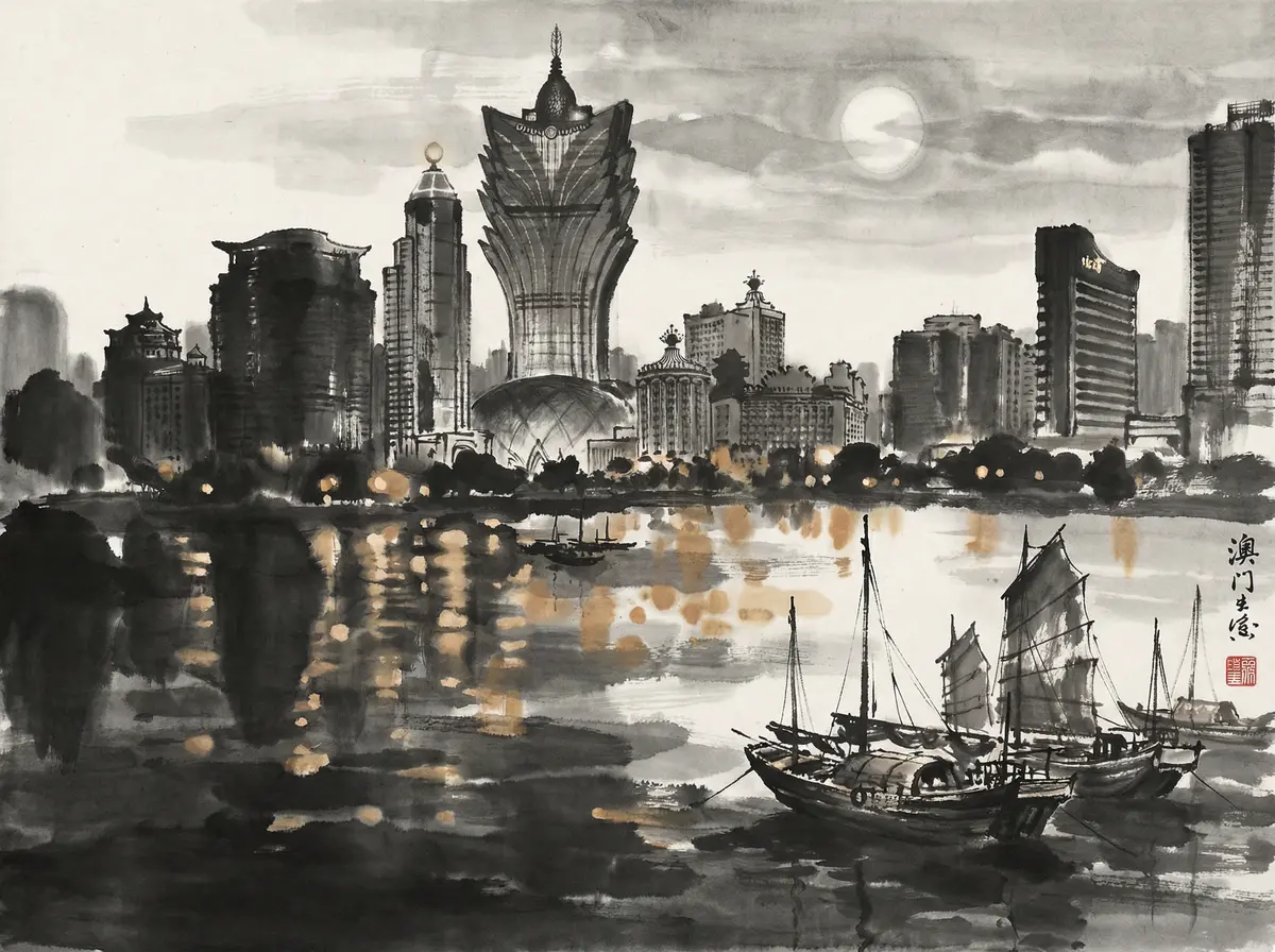 澳门太阳城永利皇宫夜景水墨画展示音乐喷泉与城市天际线