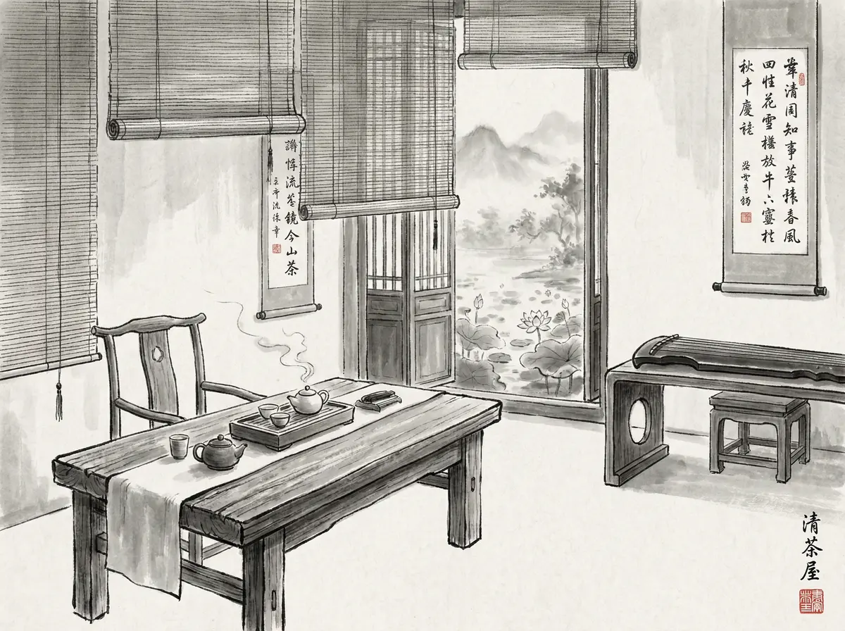 澳门太阳城听雨轩茶室水墨画风格展示功夫茶具与古琴